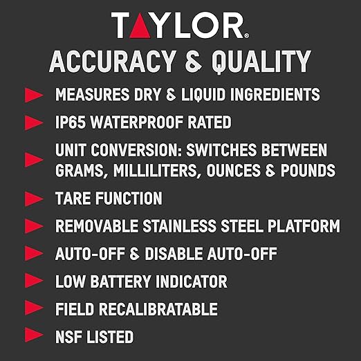 Taylor TE10CSW 10-Pound Water Resistant Digital Portion Control Scale, Multi-Functional Food Scale for Precise Weight Measuring and Portion Control, Tare Function, NSF, Stainless Steel Platform