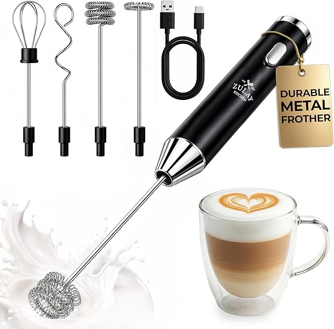 Zulay Kitchen Metal Rechargeable Milk Frother, 3 Whisk Attachments Handheld Frother Wand, 1800mAh USB-C Charging, Electric Drink Mixer for Protein, Matcha & Powders - One Charge Lasts up to 6 Months