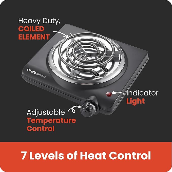 Elite Gourmet ESB100B Countertop Single Coiled Burner Electric Hot Plate, Temperature Control, Indicator Light, Easy to Clean, Black