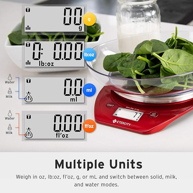 Etekcity 0.1g Food Kitchen Scale, Bowl, Digital Grams and Ounces for Weight Loss, Dieting, Baking, Cooking, and Meal Prep, 11lb/5kg, Stainless Steel Red