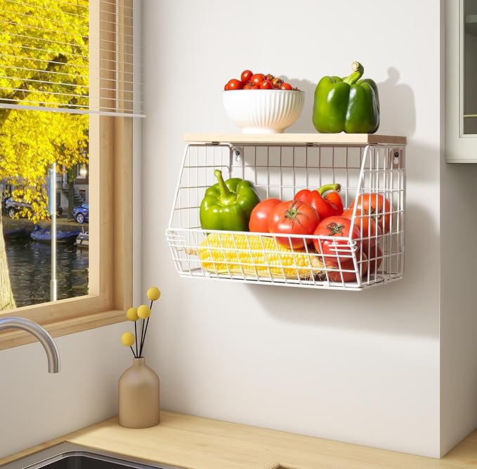 White Fruit Bowl Wire Basket Storage Pantry Fruit and Vegetable Storage Fruit Basket for Kitchen Counter Stackable Wall Mounted Hanging Basket Wire Basket with Wood Lid with Hanger Hooks