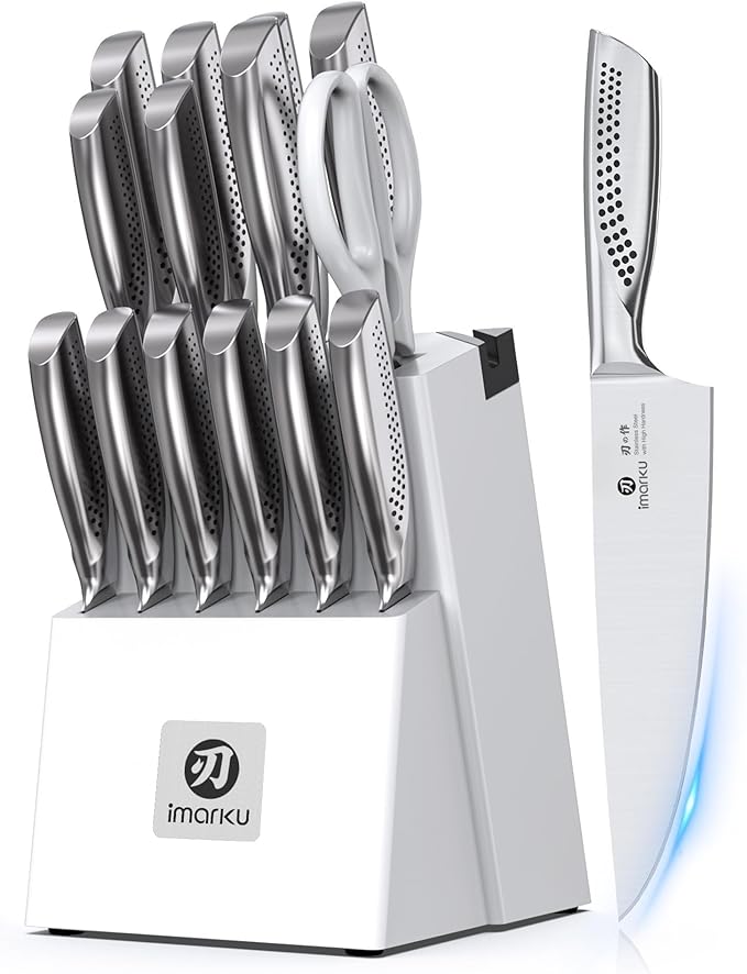 imarku® Knife Set, Japanese HC Stainless Steel 15 PCS Kitchen Knife Set With Block With Built-in Sharpener, Razor-Sharp Blade Knife Block Set With Dotted Ergomomic Handle, Best Birthday Gifts, White