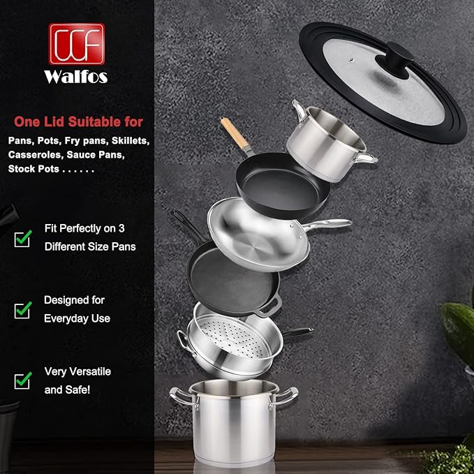 Universal Lid for Pots, Pans and Skillets & Frying Pan - Small Pan lids Fits 6.5", 7" and 8" Diameter Cookware - Tempered Glass with Heat Resistant Silicone Rim