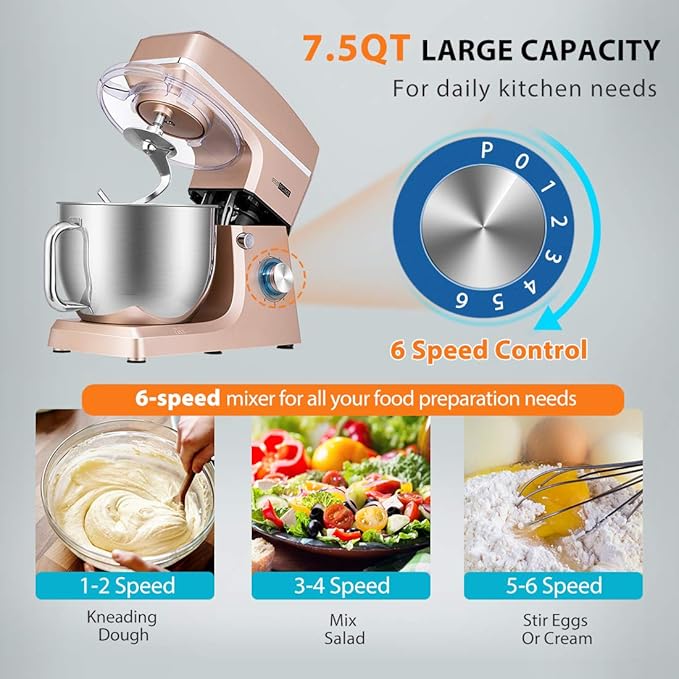 VIVOHOME 7.5 Quart Stand Mixer, 660W 6-Speed Tilt-Head Kitchen Electric Food Mixer with Beater, Dough Hook, Wire Whip, and Egg Separator, Champagne