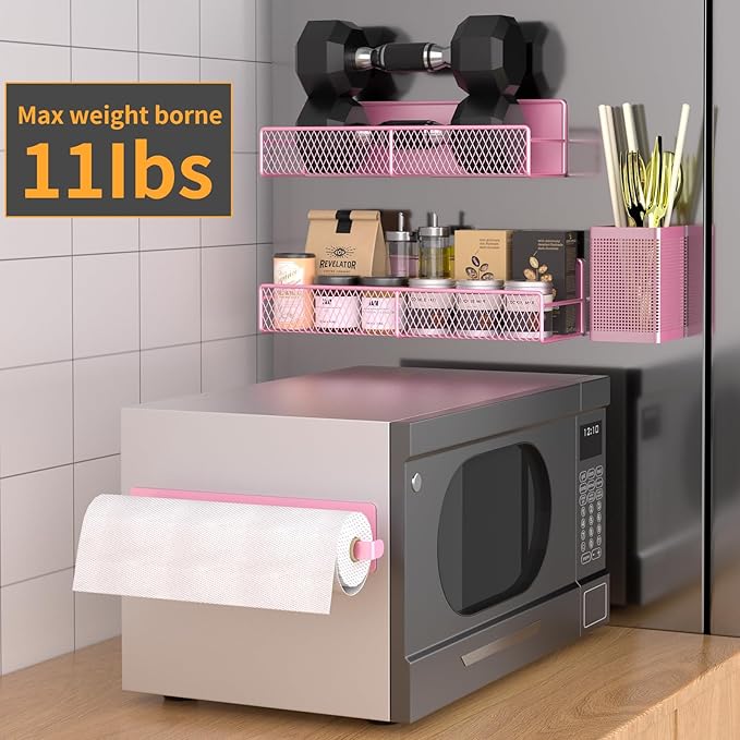 Magnetic Spice Rack for Refrigerator, 6 Pack Metal Magnetic Shelf Pink, Moveable Spice Organizer, Strong Magnetic Storage Fridge Organizer with Paper Towel Holder, Utensils Holder