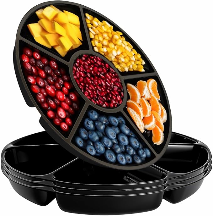 R-kay 4 Pack, 6 Sectional Black Plastic Serving Trays for Party - Heavy Duty Party Trays for Serving Food - 12 Inch Platters