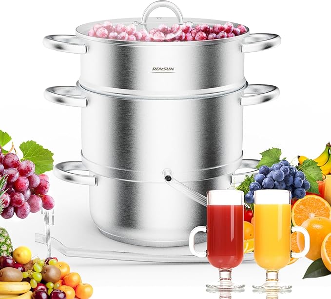 ROVSUN 5 Quart Juice Steamer Stainless Steel, Extractor Fruit Vegetables Juicer Steamer Pot, w/Tempered Glass Lid Clamp, Loop Handles, Ideal for Making Juice, Jelly, Pasta