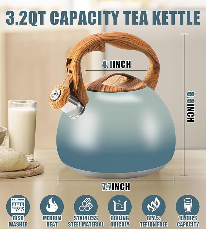 Tea Pot, 3.2Qt Tea Kettle Stovetop, Food Grade Stainless Steel Tea Kettle,Suitable for Various Heat Sources,One-Button Switch (Grayish Blue Gradient)