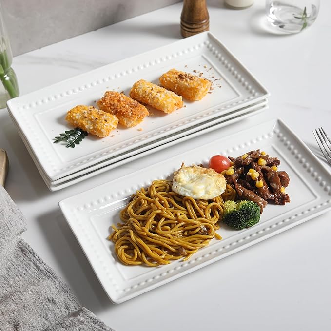 14 inch Ceramic Serving Platter - Rectangular Serving Trays Set of 4, Large Embossed Plates, Porcelain White Platters for Steak, Appetizer, Dessert, Tacos, Housewarming, Oven Dishwasher Safe