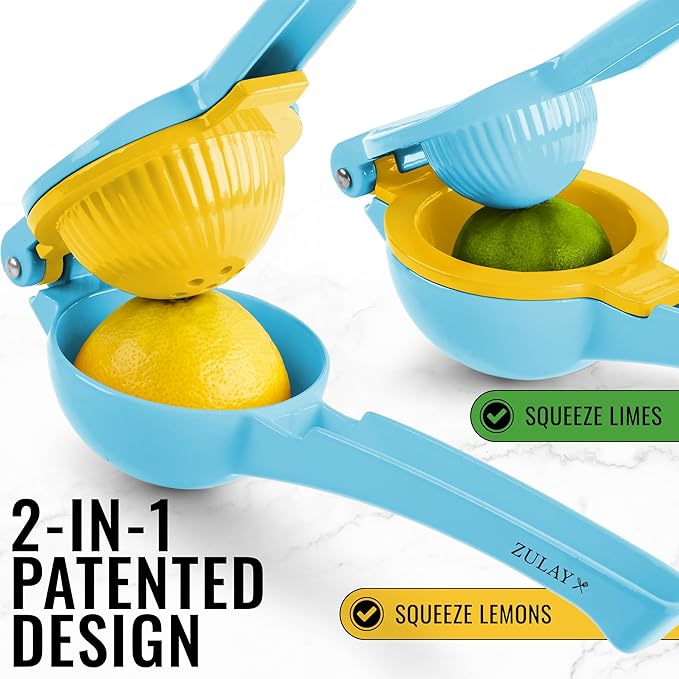 Zulay Metal 2-In-1 Lemon Squeezer Manual - Sturdy, Max Extraction Hand Juicer Lemon Squeezer Gets Every Last Drop - Easy to Clean Manual Citrus Juicer - Easy-to-Use Lemon Juicer Squeezer - Blue/Yellow