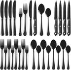 Astercook 24-Piece Black Silverware Set with Steak Knives Flatware Set for 4 Food-Grade Stainless Steel Cutlery Set Mirror Polished Utensils Set Include Spoons and Forks for Home Kitchen Restaurant