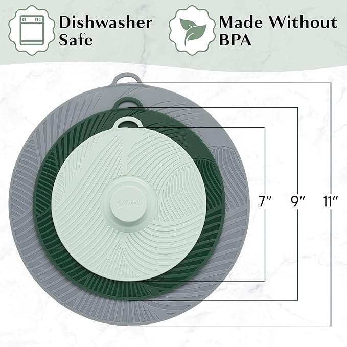 Goodful Universal Silicone Lids for Pots and Pans, Heat Safe, Reusable Suction Seal Covers for Bowls, Pots, Cups- Food Grade, Dishwasher Safe, 3 Piece, Gray, Green and Sage