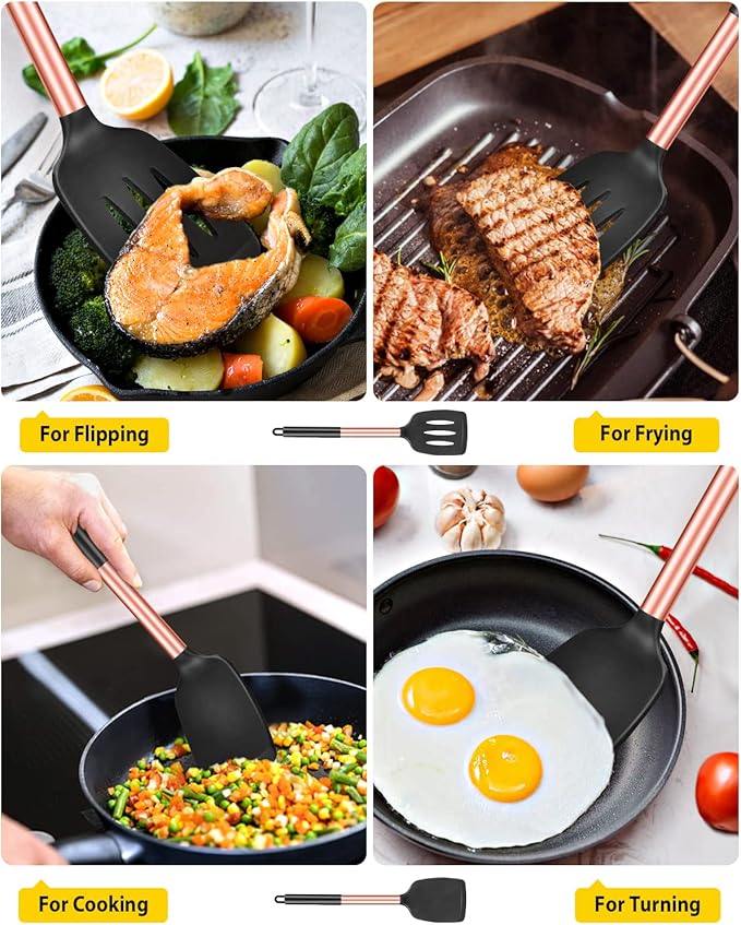 Pack of 2 Silicone Solid Turner, Non Stick Slotted Kitchen Spatulas, High Heat Resistant BPA Free Cooking Utensils, Ideal Cookware for Fish, Eggs, Pancakes(Rose Gold Black)