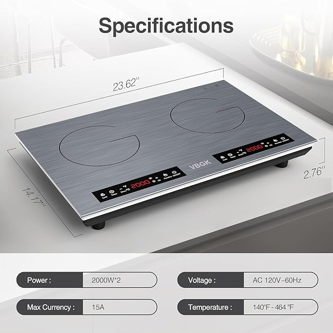 VBGK Double Induction Cooktop, 24 inch 4000W Electric cooktop with hot plate, induction stove top with LED Touch Screen 9 Levels Settings with Child Safety Lock & Timer 110V Induction cooktop 2 burner