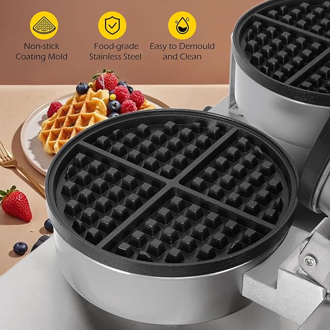 Dyna-Living Waffle Maker 2400W Double Waffle Iron Maker Restaurant Non-stick Round Waffle Machine Commercial Waffle Maker Large Waffle Machine for Hotel, Thicken Stainless Steel