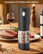CIRCLE JOY Electric Salt and Pepper Grinder Set Rechargeable Salt and Pepper Mills with 6-Level External Adjustable Coarseness, White LED Light and Storage Base, Black