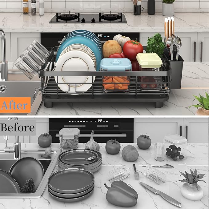Godboat Dish Drying Rack, Dish Rack with Auto-Drain & Mat, Dish Drainers for Kitchen Counter, Glass Organizer for 4 Cups, 3 Slots Utensil Holder, Gifts for Women Mothers Day, Kitchen Gadgets & Decor
