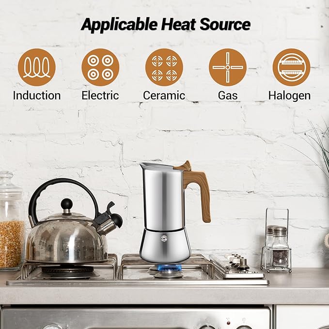 No Coating 2 Cup Moka Pot Thickened 304 Stainless Steel Stovetop Espresso Coffee Maker 100ml 3.4oz Mocha Percolator Greca Cuban Ideal for Making Rich Authentic Italian Café