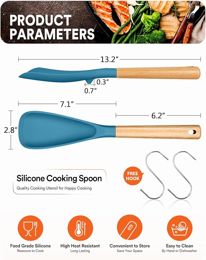 Cooking Spoon for Nonstick Cookwares, Great for Cooking and Serving Sturdy BPA-Free Matte Silicone, Wood Handle Spoon for Mixing, Scoop, and Scrape (Khaki & Turquoise, 13.4 inch)