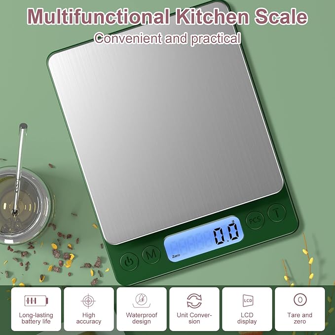Digital Food Scale for Food Ounces and Grams，YONCON 3000g/0.1gram Accuracy Multifunctional Kitchen Scale for Cooking, Baking | Small Size for Easy Storage | Tare Function
