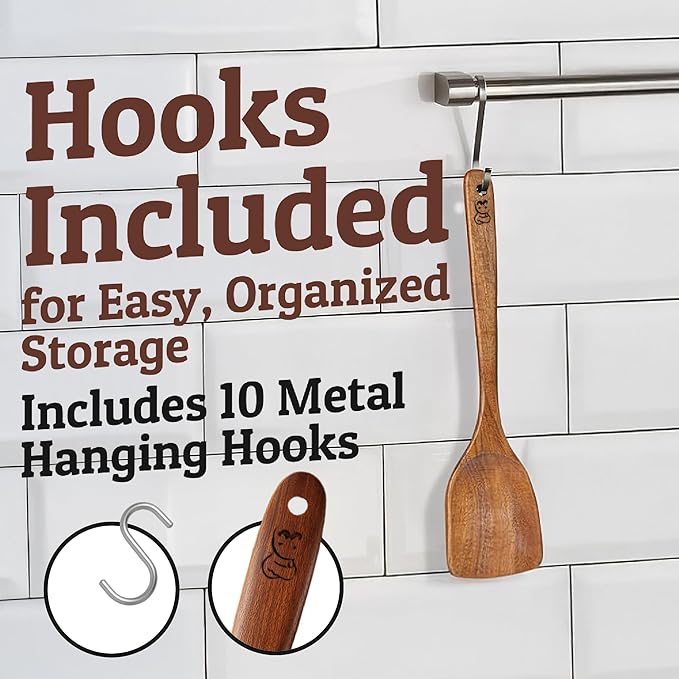 PriorityChef Wooden Spoons for Cooking, Premium 10pc Teak Wood Utensil Set with Hanging Hooks and Spoon Rest