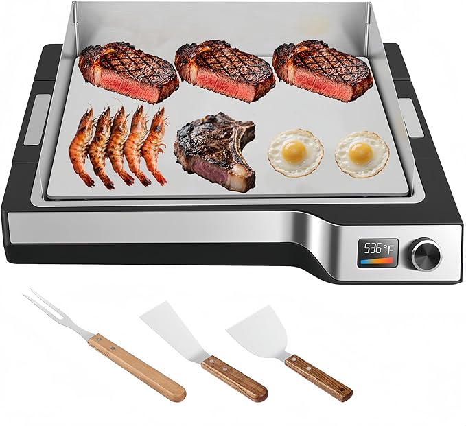 Electric Griddle 536°F Max Temp, Electric Grill Indoor Outdoor 14", Dishwasher-Safe Indoor electric skillet, Nonstick Flat Top Grill 5mm Stainless Steel Plates, Spatula & Fork