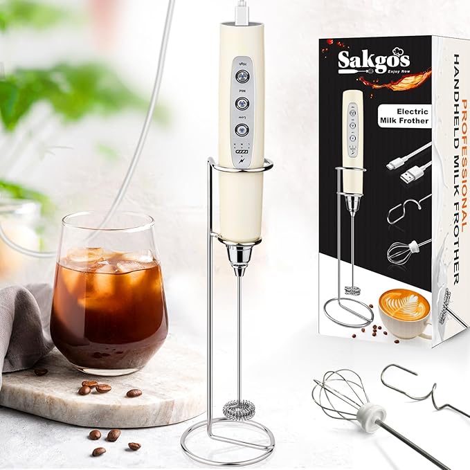 Milk Frother Rechargeable Handheld-Electric Whisk 3 Speed Adjustable, Coffee Frother Wand with 3 Stainless Whisks, Foam Maker, Drink Mixer Blender for Latte Cappuccino Matcha Egg (With Stand, Beige)