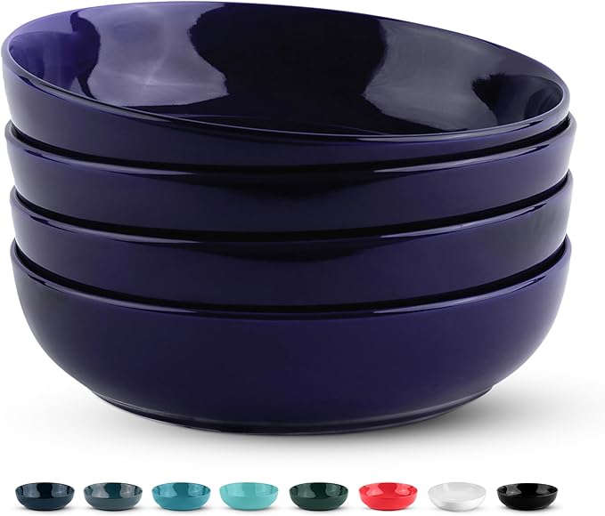 KooK Pasta Bowl, Salad Bowls, Soup, Serving Bowls, Ceramic, Large Capacity, Microwave & Dishwasher Safe, Set of 4, 40 Oz, (Cobalt)