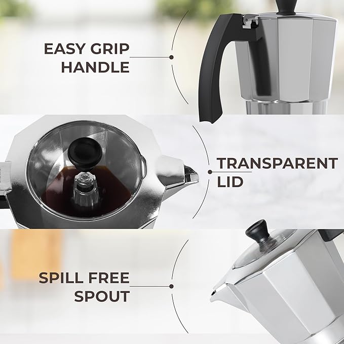 Cafe Du Chateau Moka Pot Espresso Maker - Makes 6 Espresso Cups - Stovetop Coffee Percolator with Clip Measuring Spoon - Ideal Cuban & Italian Coffee Maker