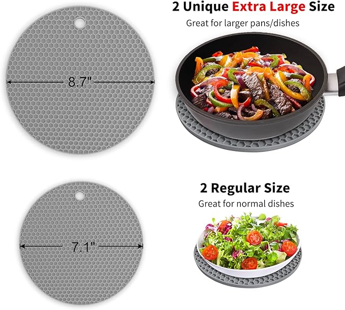 Silicone Trivet Mats - Walfos Heat Resistant Pot Holders Set, 4pcs 2 Sizes 7 Inch & 9 Inch, Multipurpose Non-Slip Hot Pads for Hot Pot, Hot Dishers, Jar Opener, Food Grade & BPA Free (Nordic Grey)