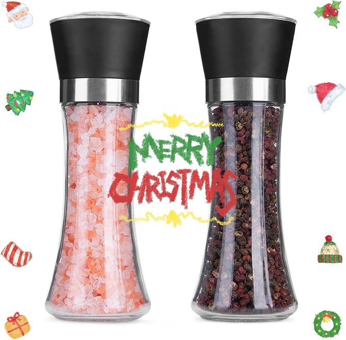 Hotder Premium Pepper and Salt Grinder Set of 2-Refillable Coarseness Adjustable Pepper Mill Shaker with Glass Body for Home,Kitchen(Two Pack)