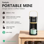 Tastyle Single Serve One Cup Coffee Maker, for K Cups and Grounds, Mini Coffee Maker with Portable Handle, 6 to 12 Oz Brew Size, for Travel, Camping, Office, RV and Dorm, 120V, Black and Gold