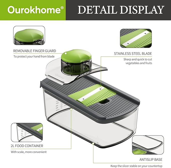 Ourokhome Mandolin Slicer for Kitchen Food, Hand Safe Vegetable Shredder with 6 Mandoline Blades, Veggie Waffle Cutter for Potato, Carrot, Zucchini, Onion, Essential Kitchen Gadgets (6 in 1, Gray)