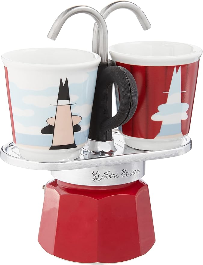 Bialetti - Mini Express Magritte: Moka Set includes Coffee Maker 2-Cup (2.8 Oz) + 2 shot glasses, Red, Aluminium