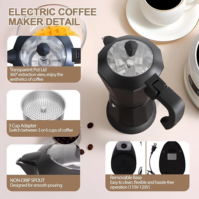 Aluminum Electric Moka Pot 5-6 Cup 270ml Express Coffee Maker Stovetop Espresso Portable Coffeemaker Italian Classic Brewing Greca Cafe Mocha with Removable Base and Overheating Protection Machine