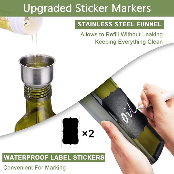 Leaflai Olive Oil Dispenser Bottle, 1 Pcs Green Glass Olive Oil Dispenser and Vinegar Dispenser Set with 2 Stainless Steel Pourers, 2Labels,1 Brush and 1 Funnel Oil Bottles for Kitchen, 17 oz(500ml)