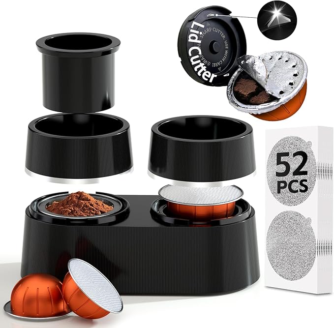 Reusable Coffee Pods Kit Compatible for Nespresso Vertuoline Pods, Refill Dual Pods Kit with Upgrade Lid Opener, 52 Pcs Aluminum Foil Seals Lids for Nespresso VertuoPlus Espresso Machine(No pods)