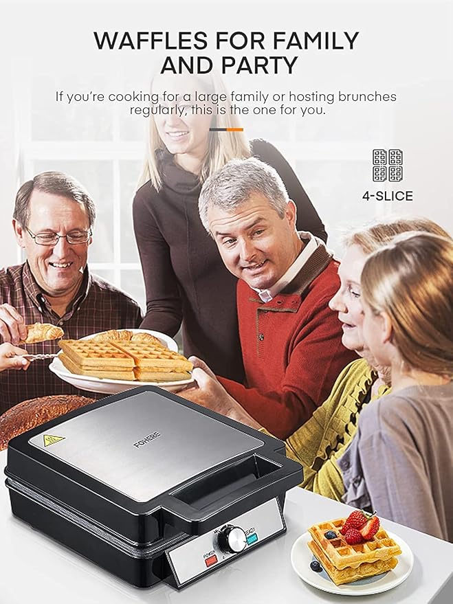 1200W Belgian Waffle Maker 4-Slice, Stainless Steel, 5 Browning Levels, Non-Stick Surfaces, Silver/Black, FOHERE - Perfect for Family Breakfasts (Black)