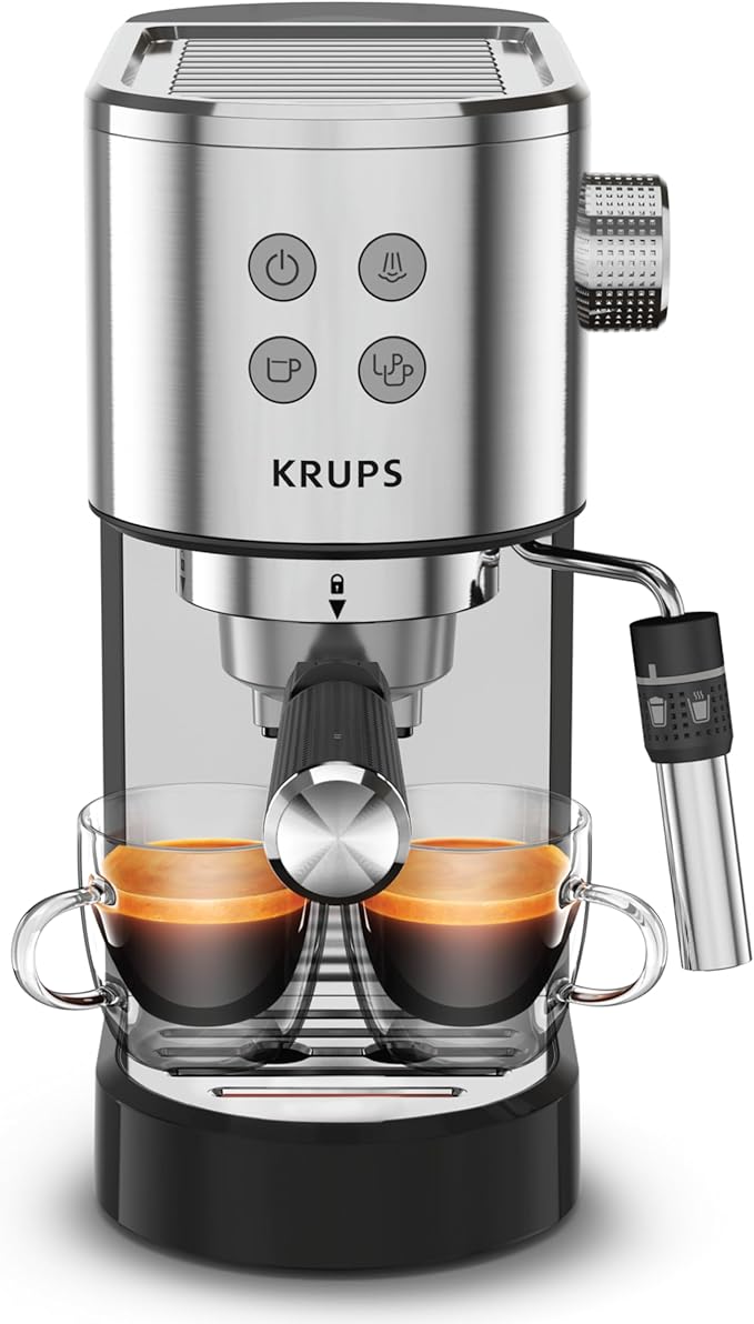 KRUPS Stainless Steel Espresso Machine: 15-Bar Pump Pressure, Milk Frother for Cappuccino and Latte, Fast Pre-Heat, 2-Cup Capacity, Cup Warmer, Easy Cleaning, 1350W, Silver