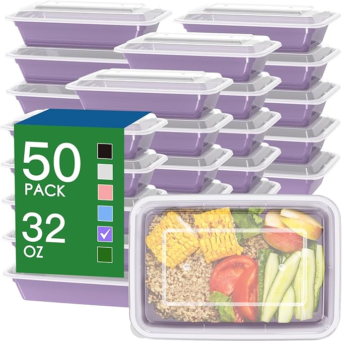 50 Pack (100-Piece) 32 oz Meal Prep Containers Reusable with Easy Open Lids, Sturdy Leakproof Food Safe, Microwave Freezer Dishwasher Safe, To Go Take Out Plastic Food Storage Pans with Lids, Lilac