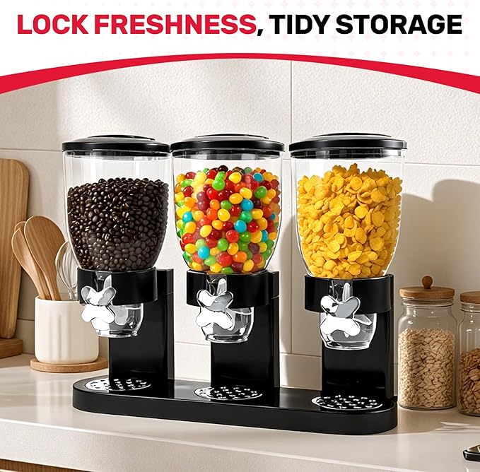 Triple Cereal Dispenser Countertop - 3 Pack 2L Large Cereal Containers Storage Airtight, Rotating Black Plastic Dry Food Dispenser for Cereal, Rice, Grains, Candy, Coffee Beans