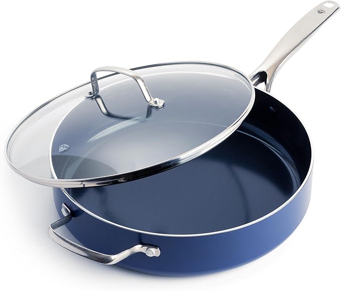 Blue Diamond 5QT Saute Pan with Lid, Non Toxic PFAS-Free Diamond Ceramic Nonstick, Dishwasher & Oven Safe, Metal Utensil Safe, Deep Jumbo Cooker Skillet with Helper Handle, Glass Lid, Blue