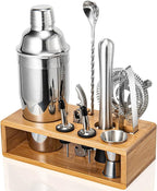 Cocktail Shaker Set, 18/8 Food-Grade Stainless Steel Mixology Bartender Kit 10-Piece Bar Tools with Stylish Bamboo Stand - Rust-Proof & Dishwasher Safe - Professional Martini Shaker Gift for Men, Dad