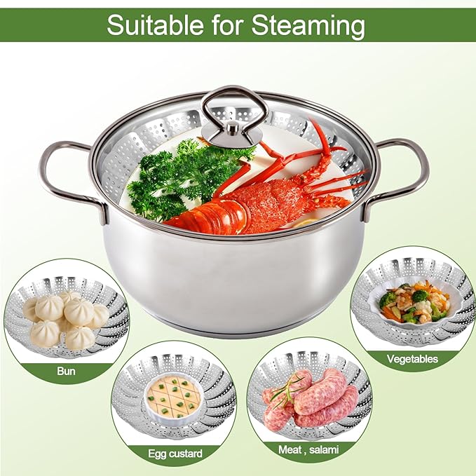 Steamer Basket for Cooking – Premium 304 Stainless Steel Steamer Basket, 3rd Gen Folding Expandable Steamers, Suitable for Cookware Pot, Fit for Fish Vegetables Pasta Eggs (Medium (6.1“ to 10.43”))