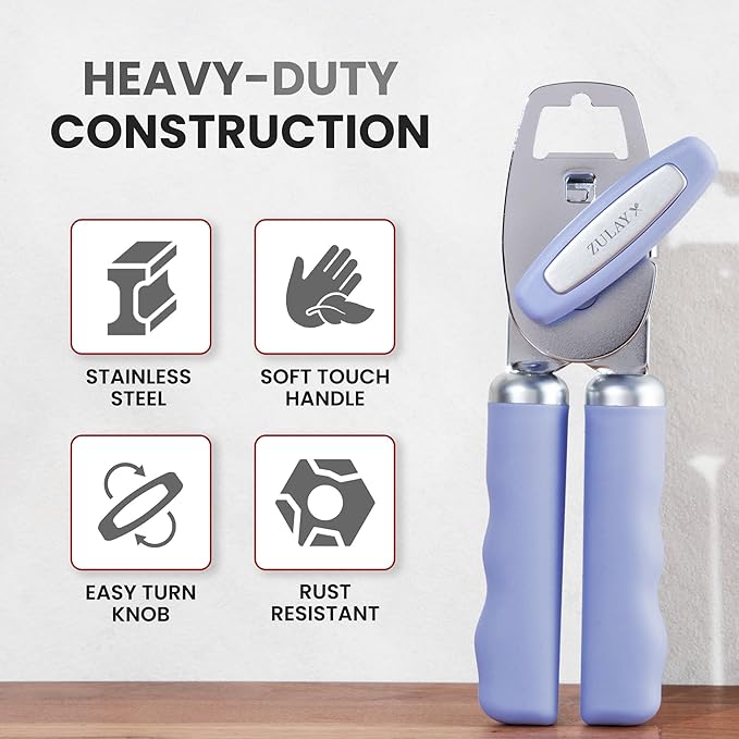 Zulay Kitchen Heavy Duty Stainless Steel Can Opener Manual with Bottle Opener - Rust Proof Manual Can Opener With Turn Knob & Comfy Soft Grip Handles - Periwinkle