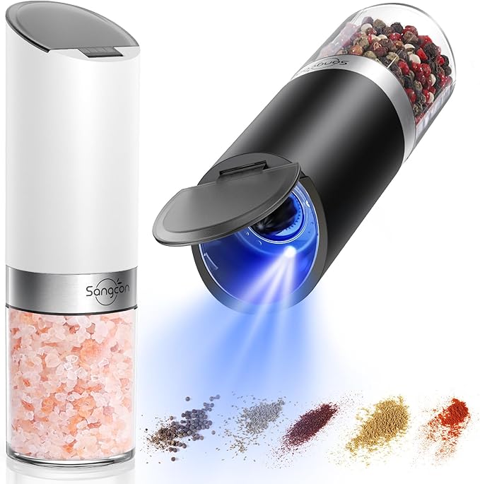 Sangcon Gravity Electric Salt and Pepper Grinder Set with Dust Cover, Battery Operated(4 AAA), Large Capacity, Adjustable Coarseness, One Hand Automatic Salt and Pepper Shakers Set Mill with LED Light