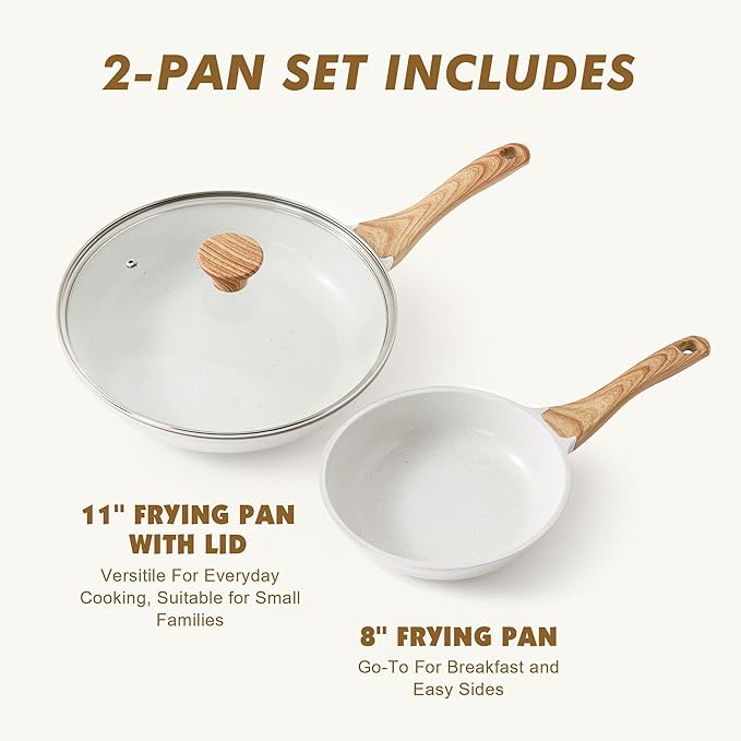SENSARTE Nonstick Frying Pan Skillets, White Ceramic Coating Omelette Pans, Healthy Cookware Chef's Pan, Free of PTFE & PFAS (8+11Inch with Lid)