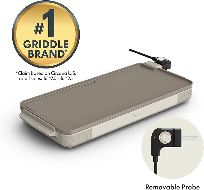 bella 12" x 22" Electric Griddle with EverGood™ Ceramic Nonstick Coating, Removable Temperature Probe, Dishwasher-Safe Drip Tray & Cool Touch Handles, Cook up to 15 Eggs, 1500 Watt, Oatmilk
