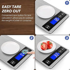 33lb Food Kitchen Digital Scale,1g/0.05oz Precise Graduation, USB Charging Kitchen Scale, Waterproof Stainless Steel with LCD Display, Ounces and Grams for Weight Loss, Cooking, Baking (Silvery)