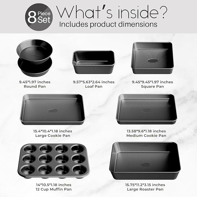 Nonstick Baking Pans Set, 8-Piece Stackable Bakeware Sets, Non-Toxic Oven Pan Set, Includes Baking Sheet, Cake Pan, Muffin Pan, Loaf Pan, Square Pan, Cookie Sheet & Roasting Pan, Black